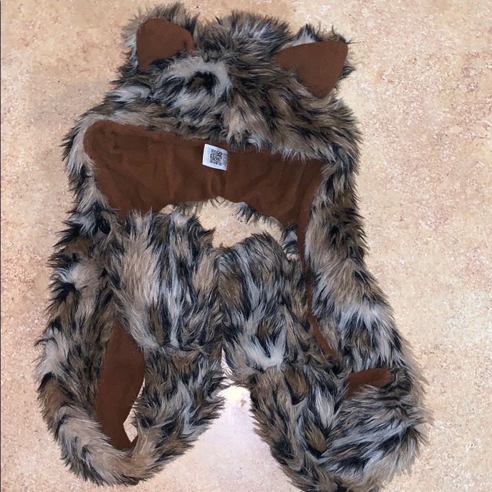 Leopard print hat with attached gloves